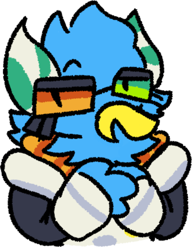 a blue bird wearing futuristic armor and two tinted glasses, one orange and the other lime green. He is holding his hands together and has a smug grin on his face.